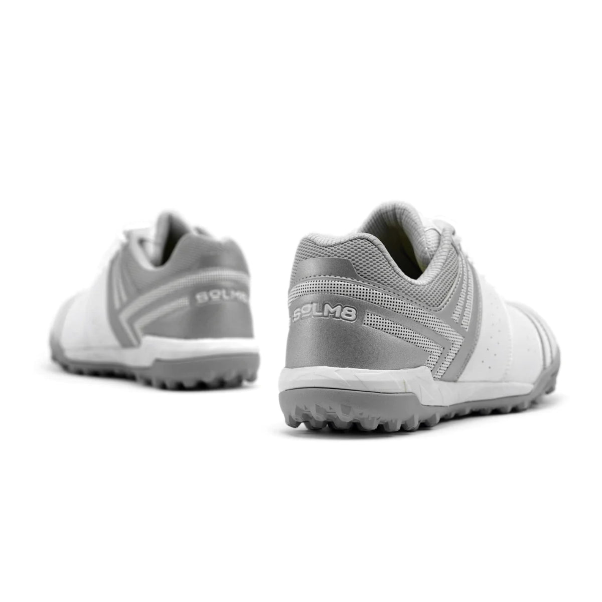 SOLM8Cricket Shoes for Men Rubber Spikes with Gel Insole, White and S