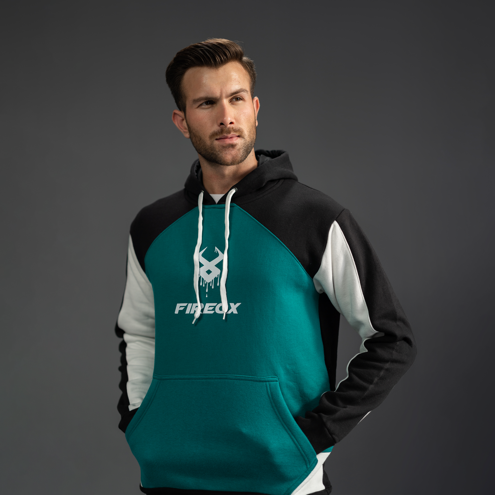 Fireox Mens Hoodie, Black Sea Green White, 2025