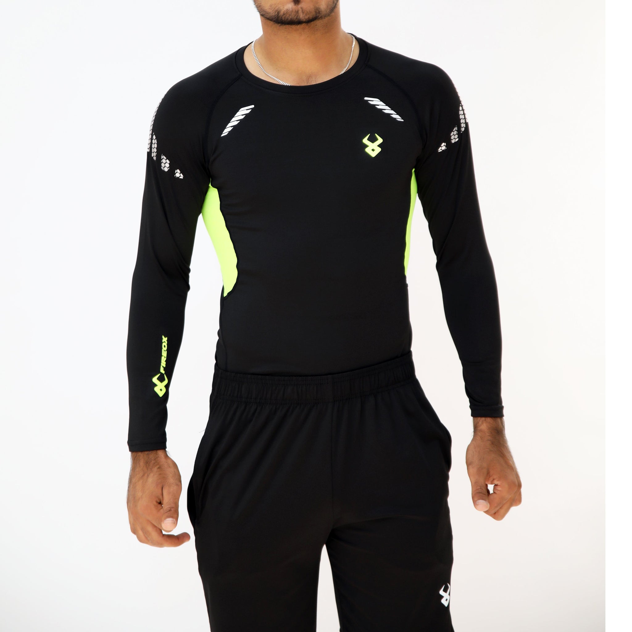 Fireox Mens Compression Full Sleeve Shirt, Black Green