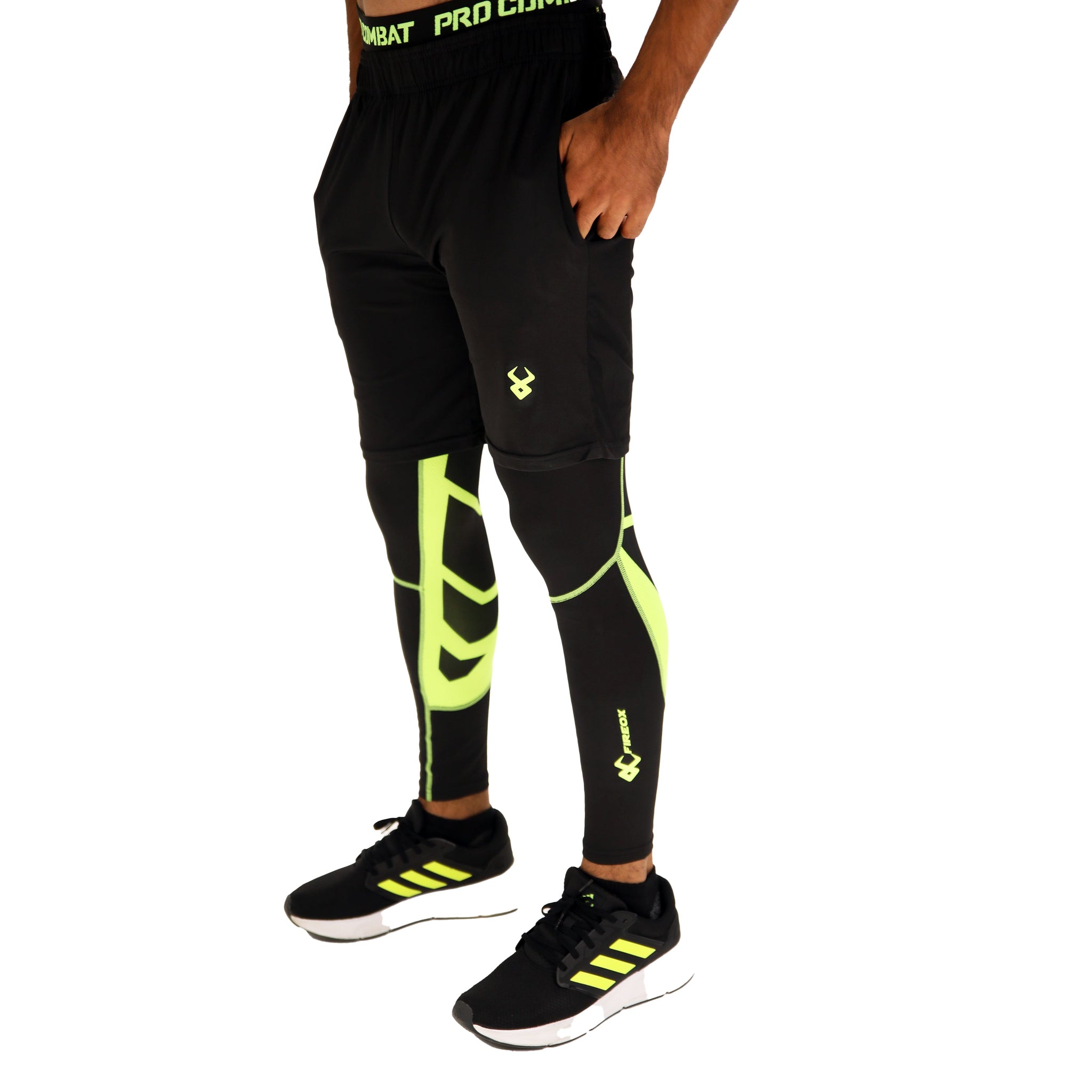 Fireox Mens Compression Shorts & Leggings, Black Green