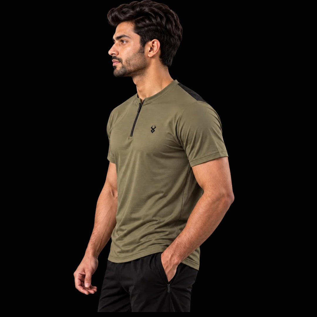 FIREOX Men’s zip-up T-shirt, Olive Green, 2026
