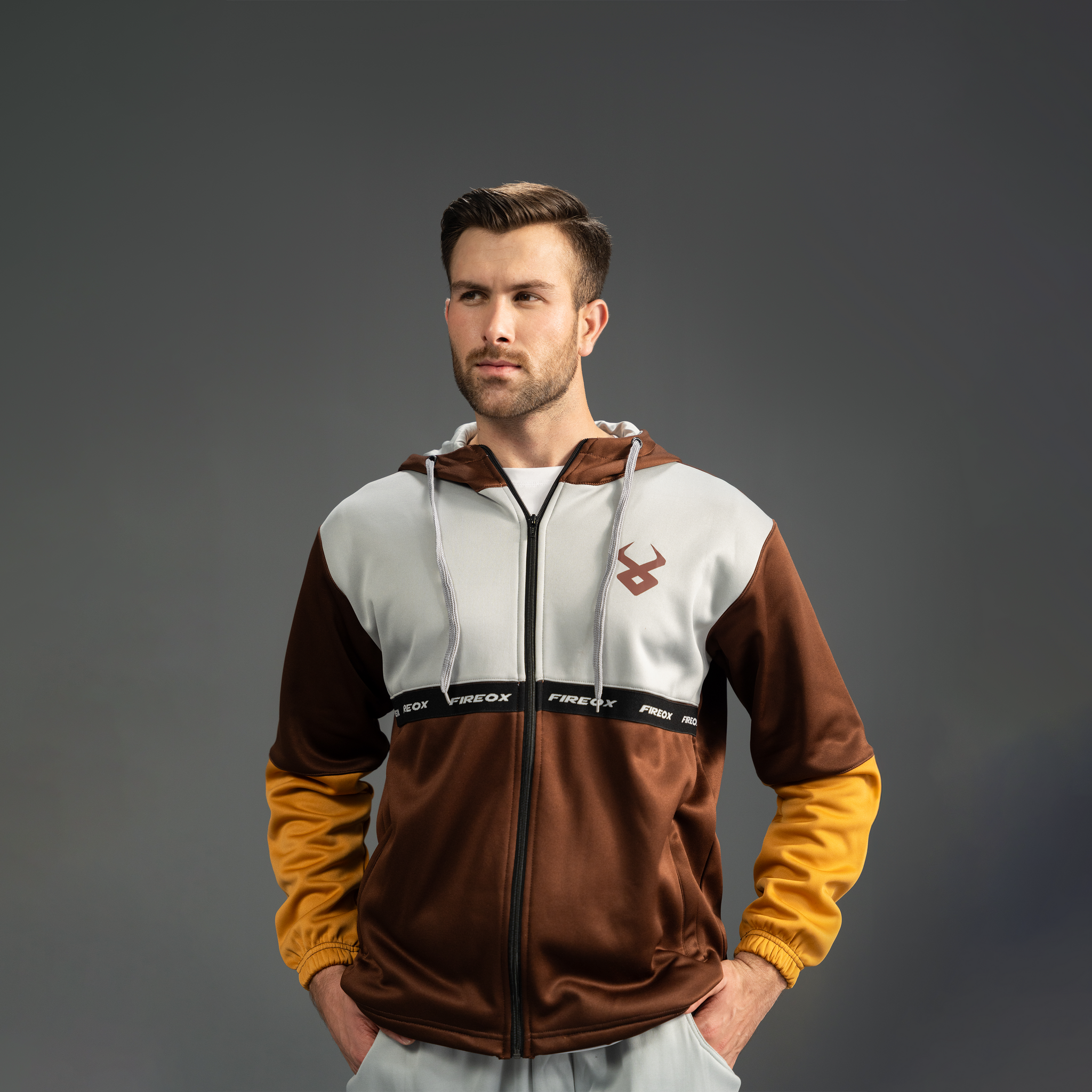 Fireox Mens Zipper Hoodie, Brown Grey, 2025