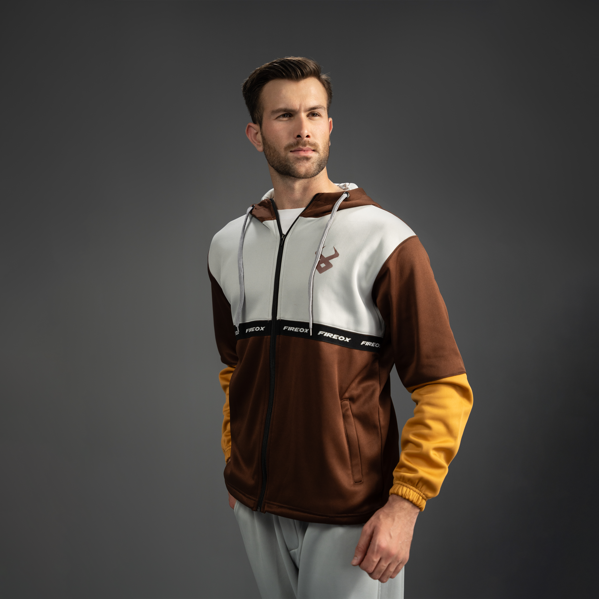 Fireox Mens Zipper Hoodie, Brown Grey, 2025