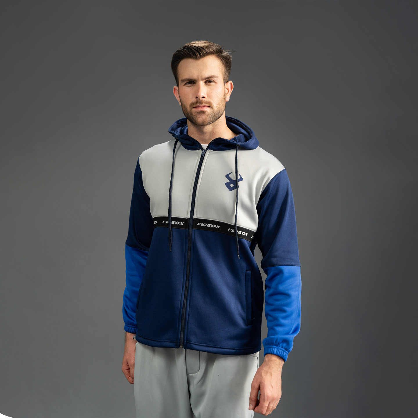 Fireox Mens Zipper Hoodie, Navy Blue Grey, 2025