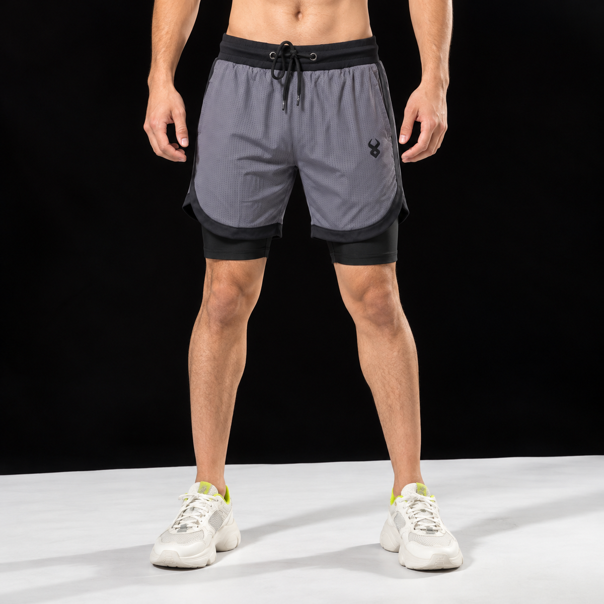 FIREOX Activewear Lycra Mesh Double Shorts, Charcoal Black, D2, 2026