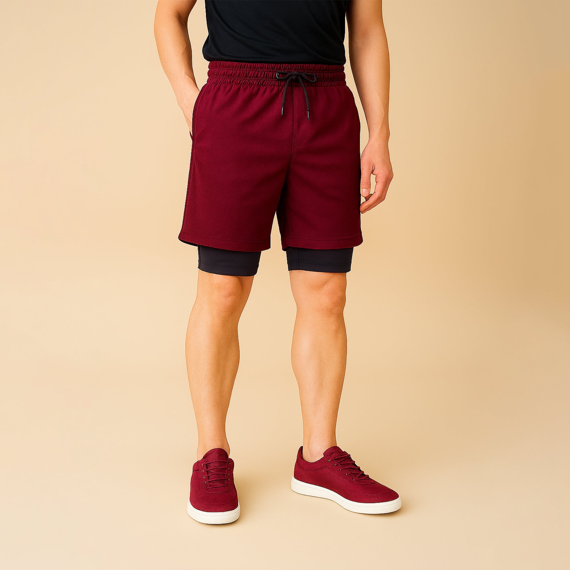 FIREOX Activewear Double Shorts, Maroon Black, D1, 2025
