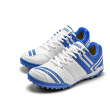 SOLM8-Cricket Shoes for Men Rubber Spikes with Gel Insole, White and Blue All Round Performance Footwear for Turf & Grass