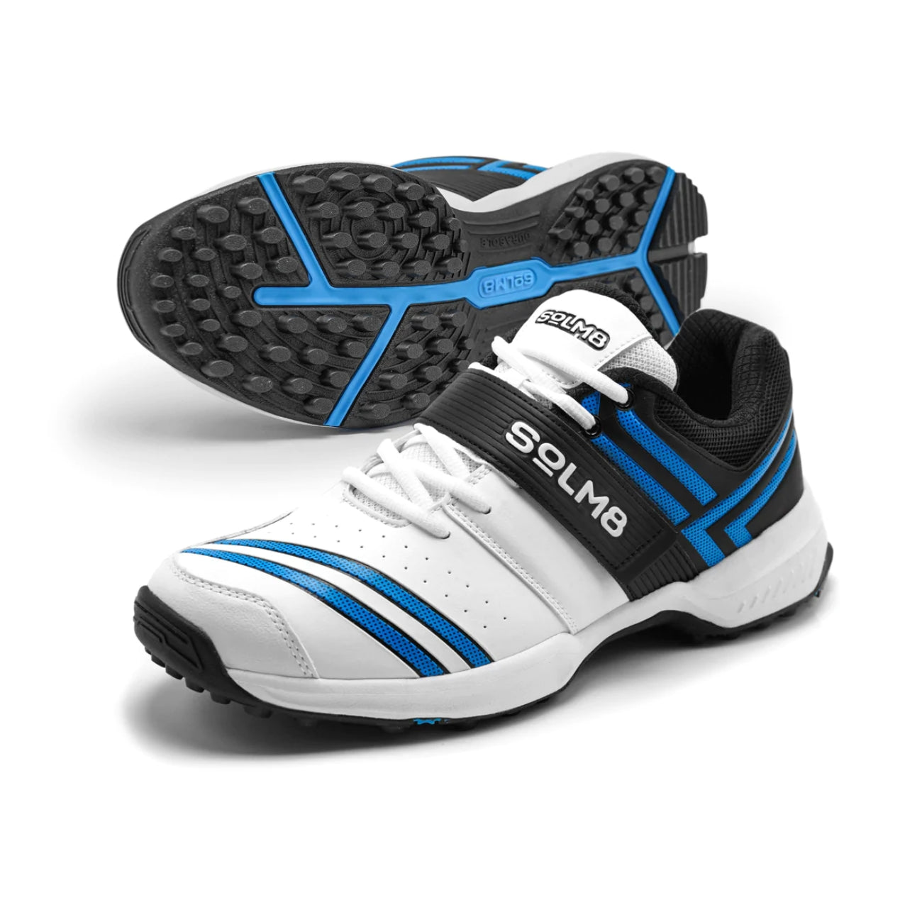 SOLM8-Cricket Shoes for Men Rubber Spikes with Gel Insole, Blue and Black All Round Performance Footwear for Turf & Grass