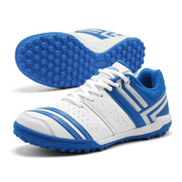 SOLM8-Cricket Shoes for Men Rubber Spikes with Gel Insole, White and Blue All Round Performance Footwear for Turf & Grass