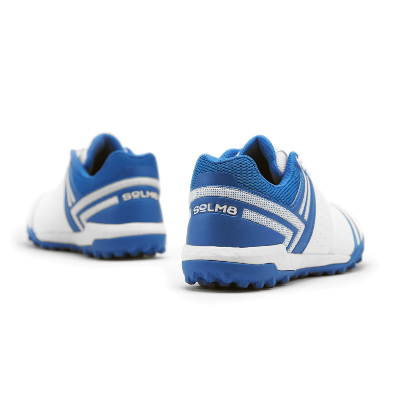 SOLM8-Cricket Shoes for Men Rubber Spikes with Gel Insole, White and Blue All Round Performance Footwear for Turf & Grass