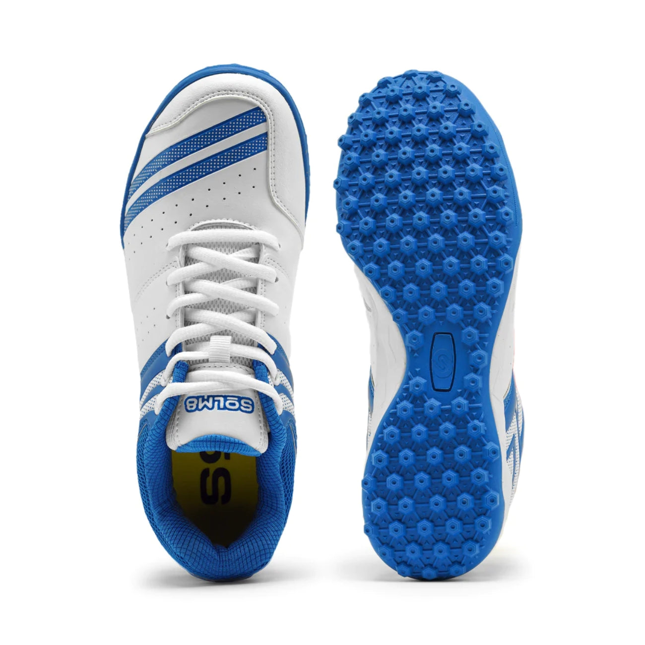 SOLM8-Cricket Shoes for Men Rubber Spikes with Gel Insole, White and Blue All Round Performance Footwear for Turf & Grass