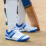 SOLM8-Cricket Shoes for Men Rubber Spikes with Gel Insole, White and Blue All Round Performance Footwear for Turf & Grass