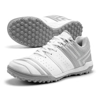 SOLM8-Cricket Shoes for Men Rubber Spikes with Gel Insole, White and Silver All Round Performance Footwear for Turf & Grass