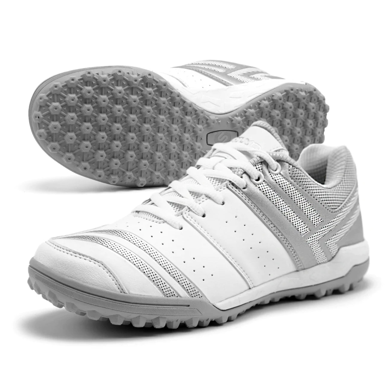 SOLM8-Cricket Shoes for Men Rubber Spikes with Gel Insole, White and Silver All Round Performance Footwear for Turf & Grass